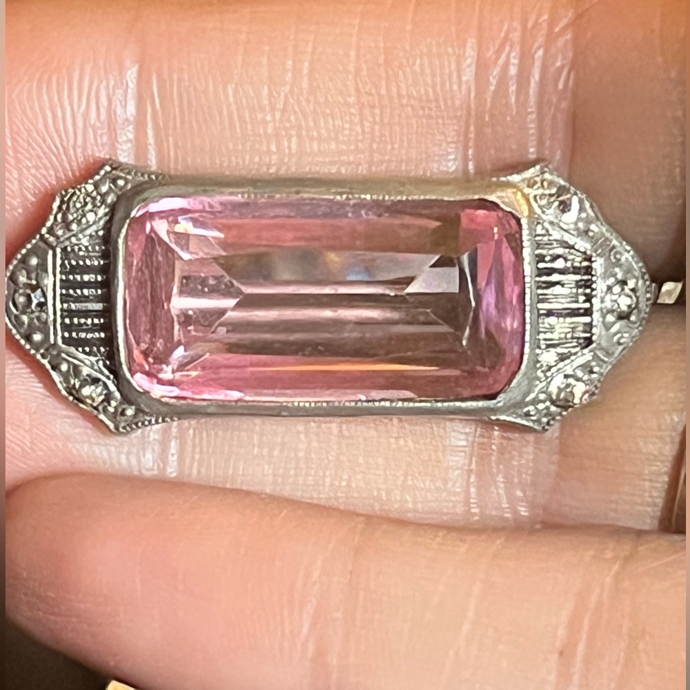 Vintage Pink Rhinestone Silver Tone Art Deco Nouveau Bar Pot Metal Brooch